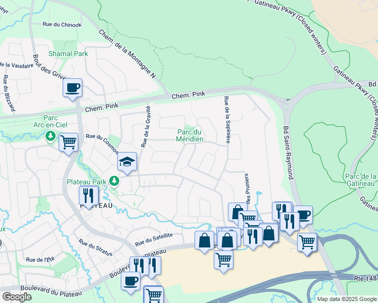 map of restaurants, bars, coffee shops, grocery stores, and more near 63 Rue de l'Étoile in Gatineau