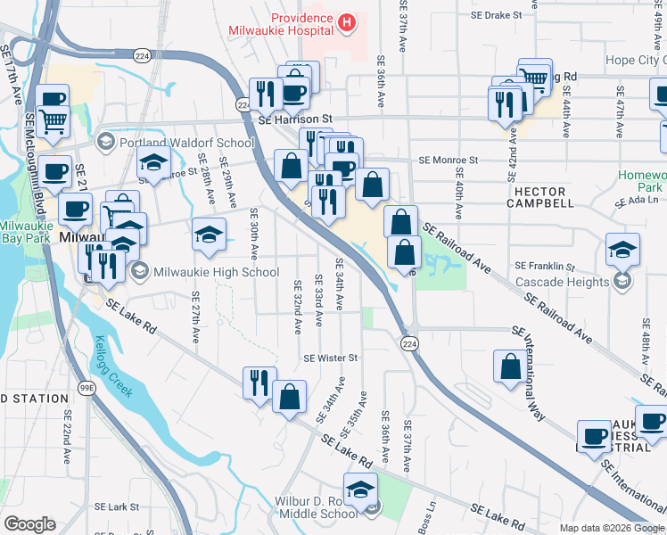 map of restaurants, bars, coffee shops, grocery stores, and more near 11261 Southeast 34th Avenue in Milwaukie