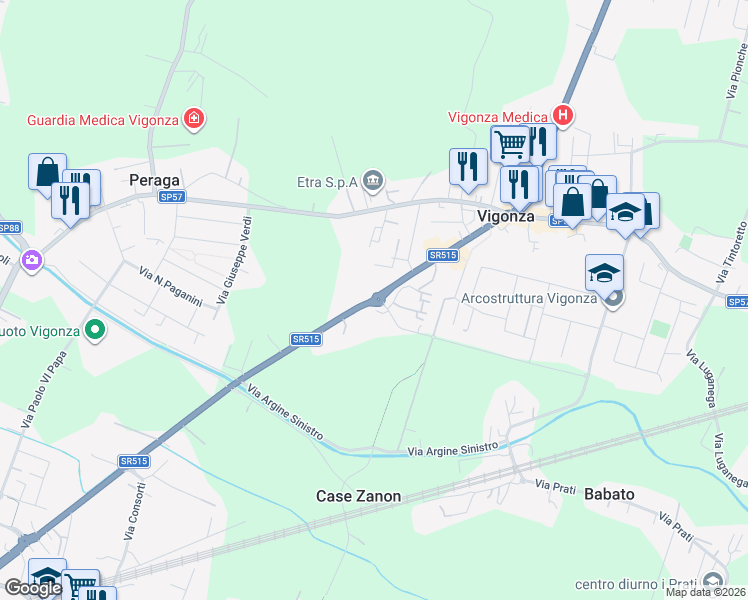 map of restaurants, bars, coffee shops, grocery stores, and more near 2c Via Jacopo Ruffini in Provincia di Padova