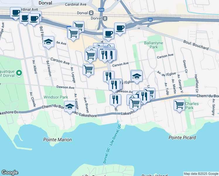 map of restaurants, bars, coffee shops, grocery stores, and more near 185 Avenue Dorval in Dorval
