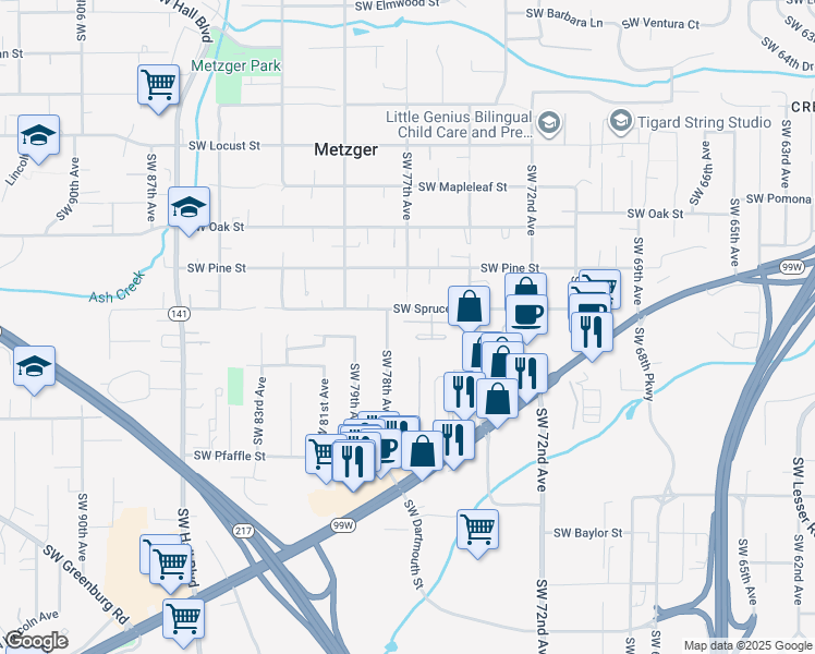 map of restaurants, bars, coffee shops, grocery stores, and more near 10900 Southwest 76th Place in Portland