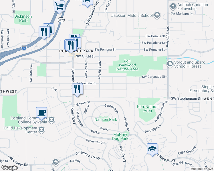 map of restaurants, bars, coffee shops, grocery stores, and more near 4340 Southwest Vacuna Street in Portland