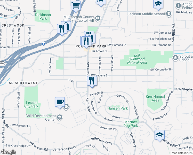 map of restaurants, bars, coffee shops, grocery stores, and more near 4724 Southwest Vacuna Street in Portland