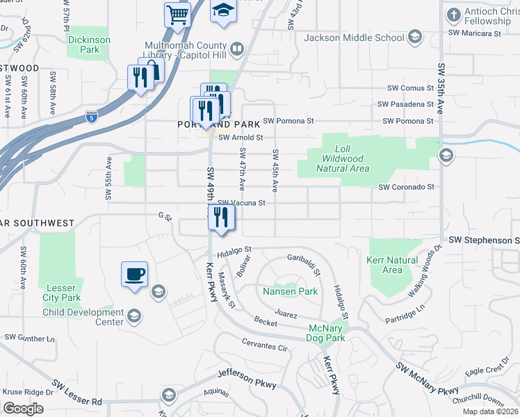 map of restaurants, bars, coffee shops, grocery stores, and more near 4538 Southwest Vacuna Street in Portland
