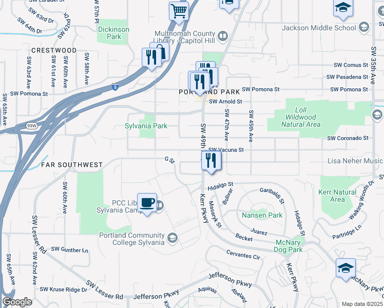 map of restaurants, bars, coffee shops, grocery stores, and more near 5022 Southwest Vesta Street in Portland