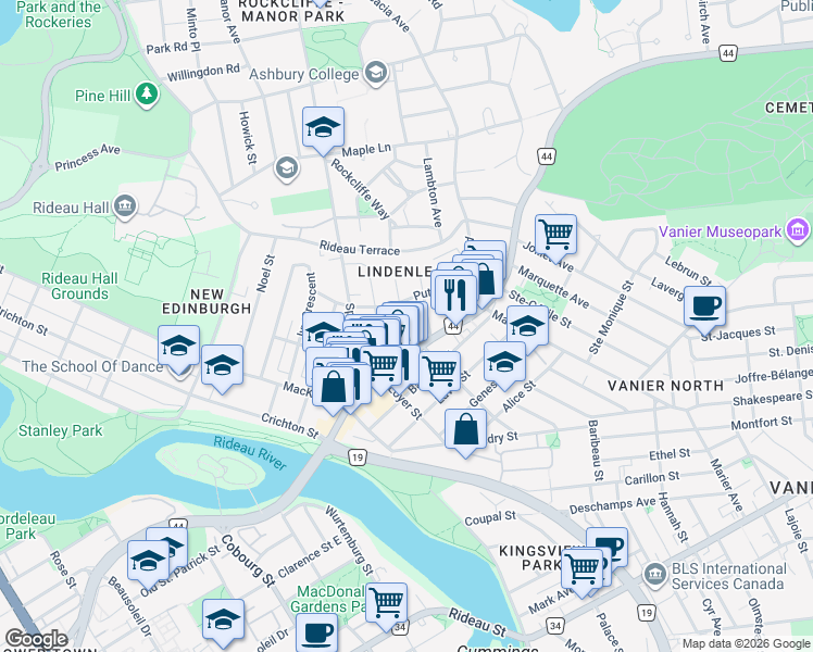 map of restaurants, bars, coffee shops, grocery stores, and more near 18 Langevin Avenue in Ottawa