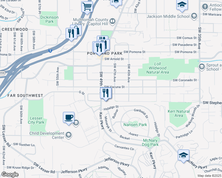 map of restaurants, bars, coffee shops, grocery stores, and more near 4724 Southwest Vacuna Street in Portland