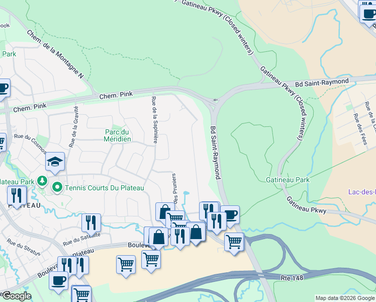 map of restaurants, bars, coffee shops, grocery stores, and more near 9 Rue des Pommiers in Gatineau