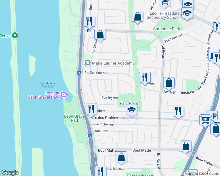 map of restaurants, bars, coffee shops, grocery stores, and more near 9105 Croissant Rubens in Brossard