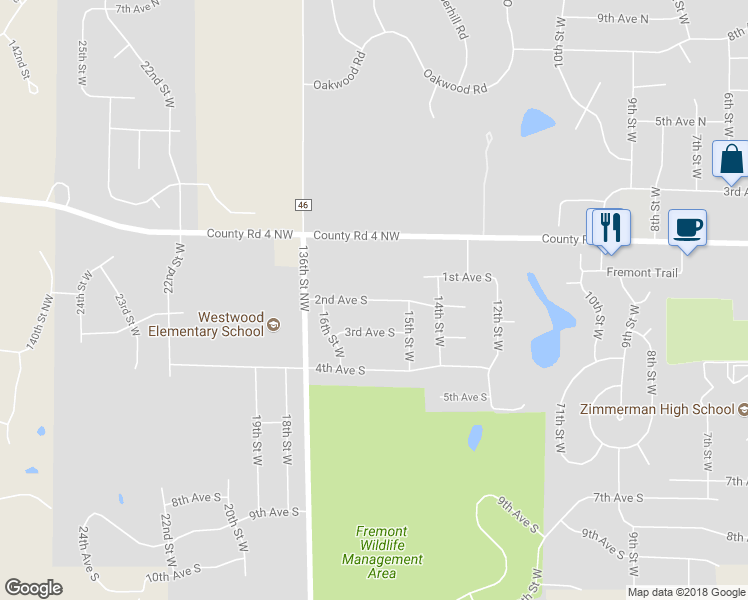 map of restaurants, bars, coffee shops, grocery stores, and more near 13483 2nd Avenue South in Zimmerman