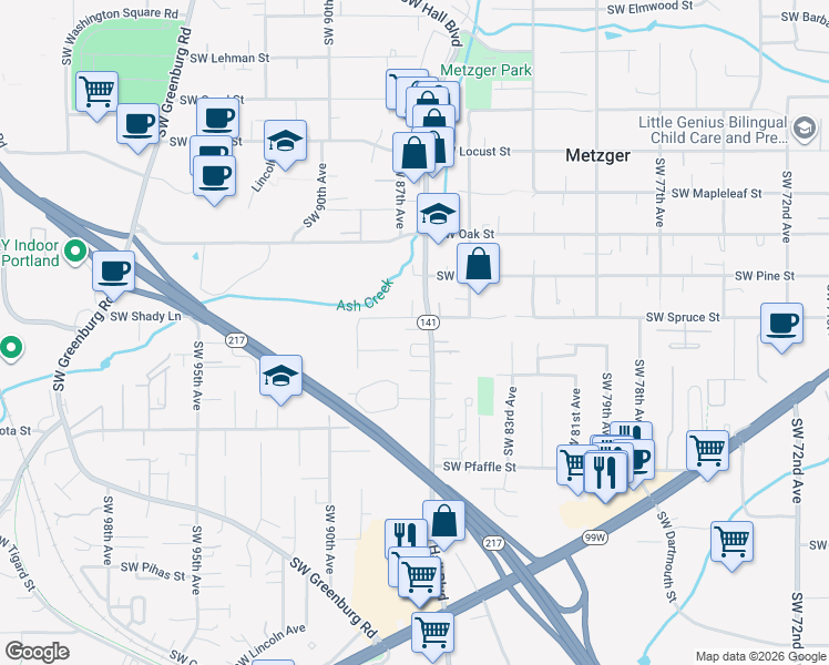 map of restaurants, bars, coffee shops, grocery stores, and more near 10915 Southwest Hall Boulevard in Tigard