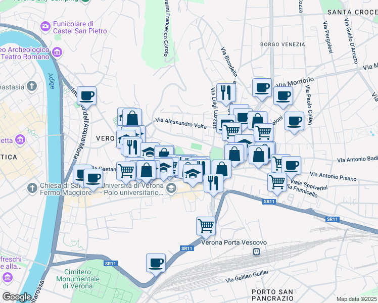 map of restaurants, bars, coffee shops, grocery stores, and more near 8 Salita Santo Sepolcro in Verona