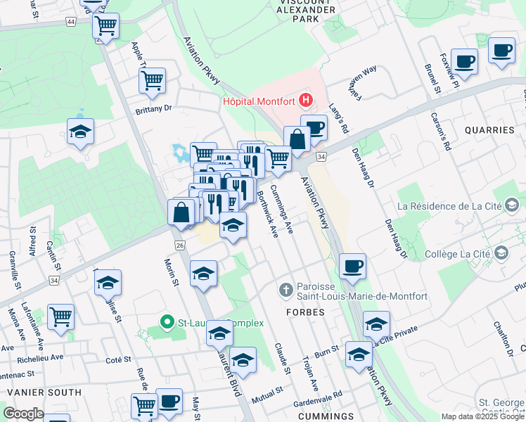 map of restaurants, bars, coffee shops, grocery stores, and more near 630 Borthwick Avenue in Ottawa