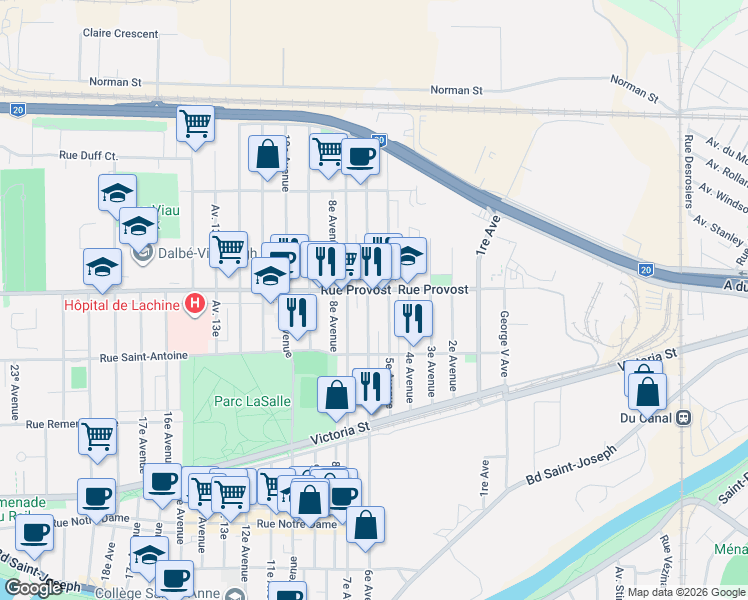 map of restaurants, bars, coffee shops, grocery stores, and more near 690 6e Avenue in Montréal