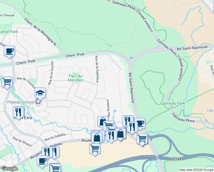 map of restaurants, bars, coffee shops, grocery stores, and more near 16 Rue des Noyers in Gatineau