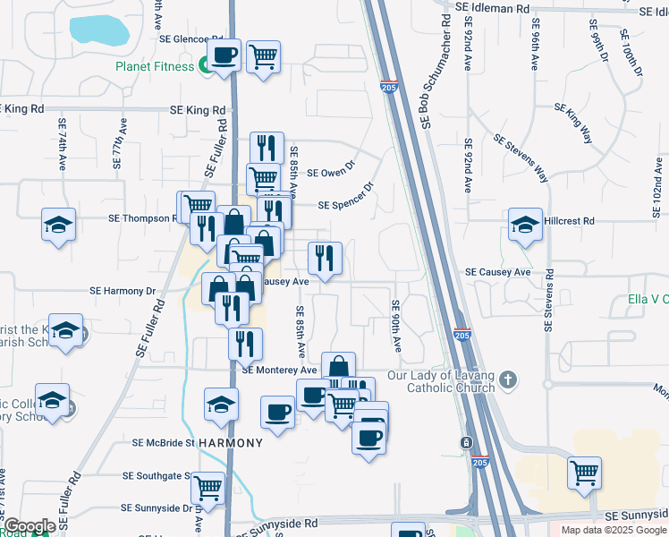 map of restaurants, bars, coffee shops, grocery stores, and more near 8640 Southeast Causey Avenue in Happy Valley