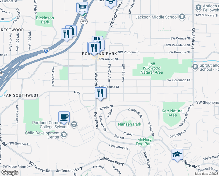 map of restaurants, bars, coffee shops, grocery stores, and more near 4706 Southwest Vesta Street in Portland