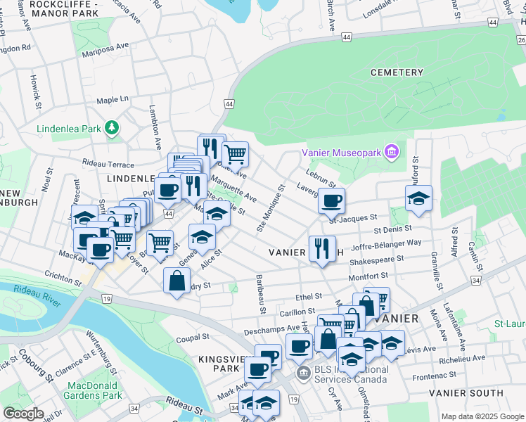 map of restaurants, bars, coffee shops, grocery stores, and more near in Ottawa