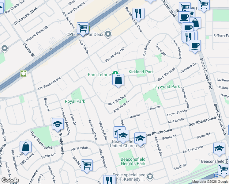 map of restaurants, bars, coffee shops, grocery stores, and more near 23 Rue de Bonaventure in Kirkland