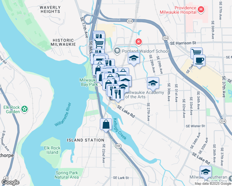 map of restaurants, bars, coffee shops, grocery stores, and more near in Milwaukie