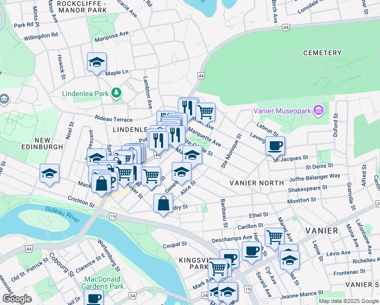 map of restaurants, bars, coffee shops, grocery stores, and more near 33 Marier Avenue in Ottawa