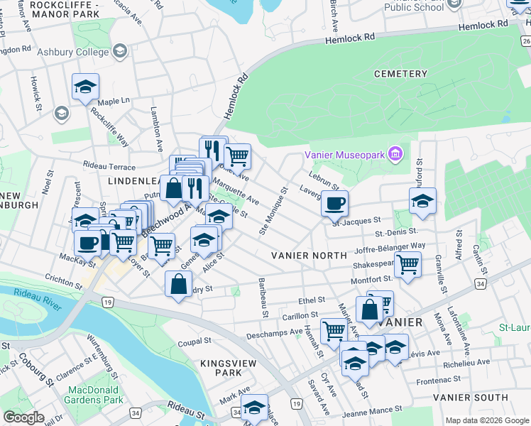 map of restaurants, bars, coffee shops, grocery stores, and more near 71 Marquette Avenue in Ottawa