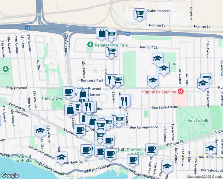 map of restaurants, bars, coffee shops, grocery stores, and more near 2525 Rue Provost in Montréal