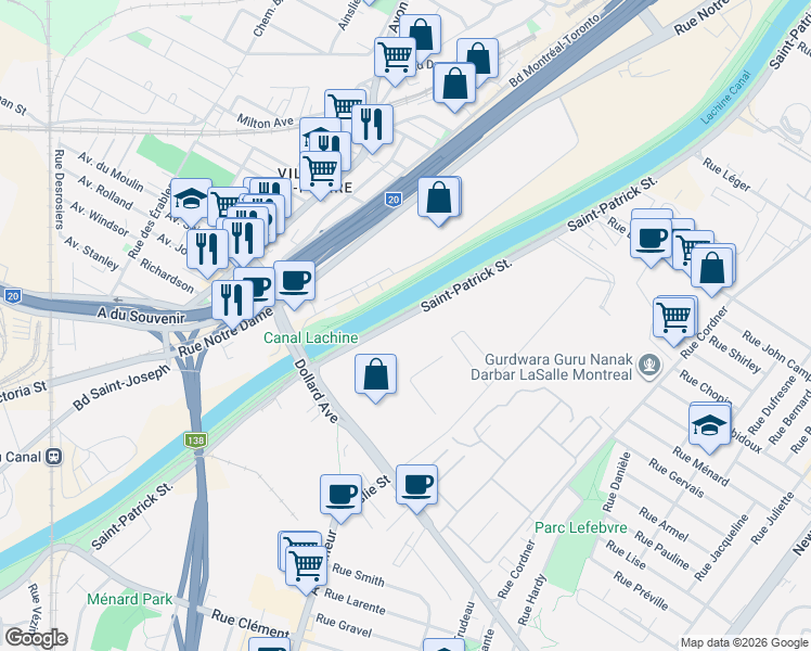 map of restaurants, bars, coffee shops, grocery stores, and more near 8300 Rue Saint-Patrick in Montréal
