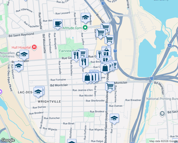 map of restaurants, bars, coffee shops, grocery stores, and more near 54 Rue Sainte-Marie in Gatineau