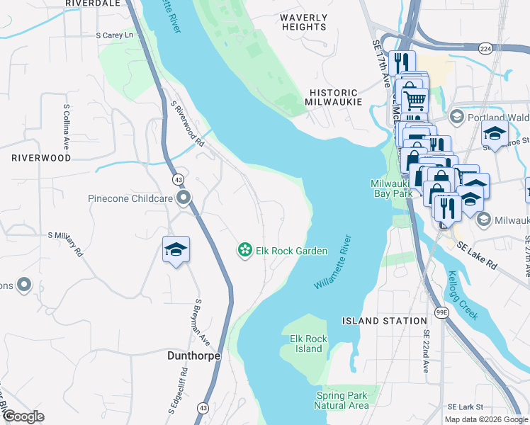 map of restaurants, bars, coffee shops, grocery stores, and more near 11426 South Riverwood Road in Portland