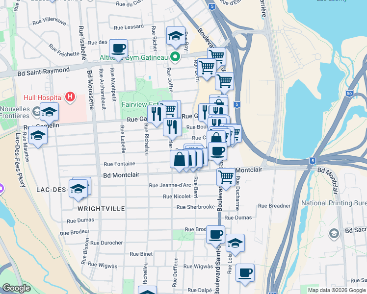 map of restaurants, bars, coffee shops, grocery stores, and more near 54 Rue Sainte-Marie in Gatineau