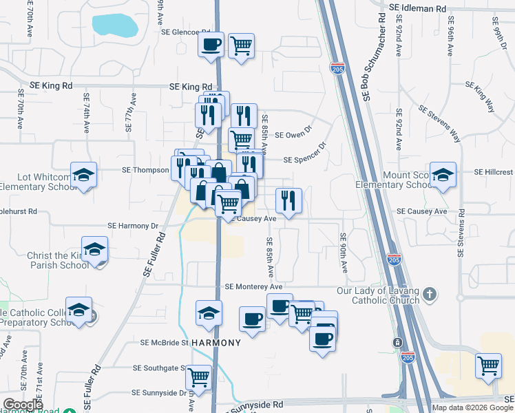 map of restaurants, bars, coffee shops, grocery stores, and more near 11217 Southeast Causey Circle in Happy Valley