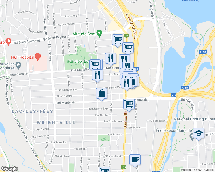 map of restaurants, bars, coffee shops, grocery stores, and more near 48 Rue Sainte-Marie in Gatineau