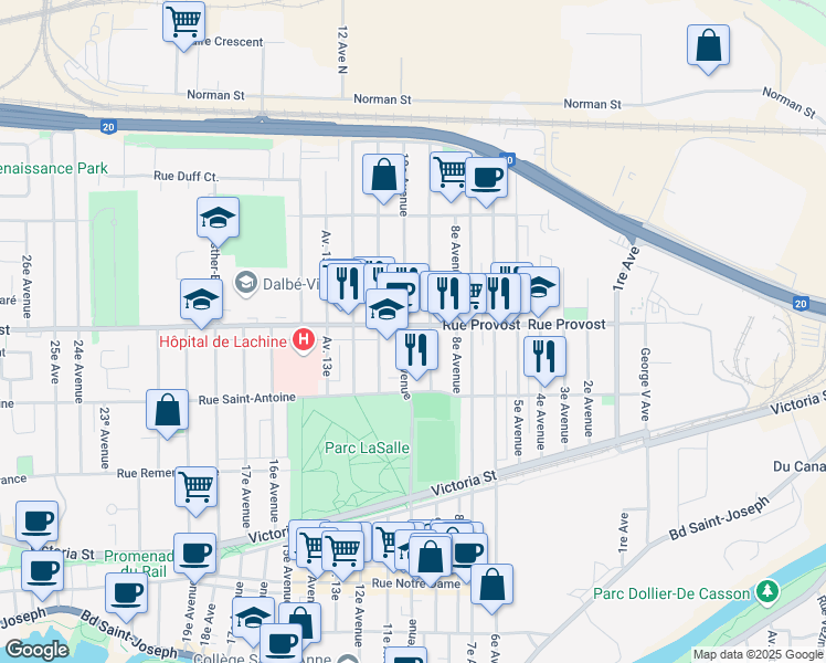 map of restaurants, bars, coffee shops, grocery stores, and more near 696 10e Avenue in Montréal