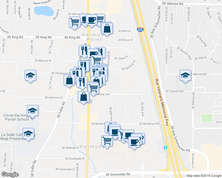map of restaurants, bars, coffee shops, grocery stores, and more near 11101 Southeast Causey Circle in Happy Valley