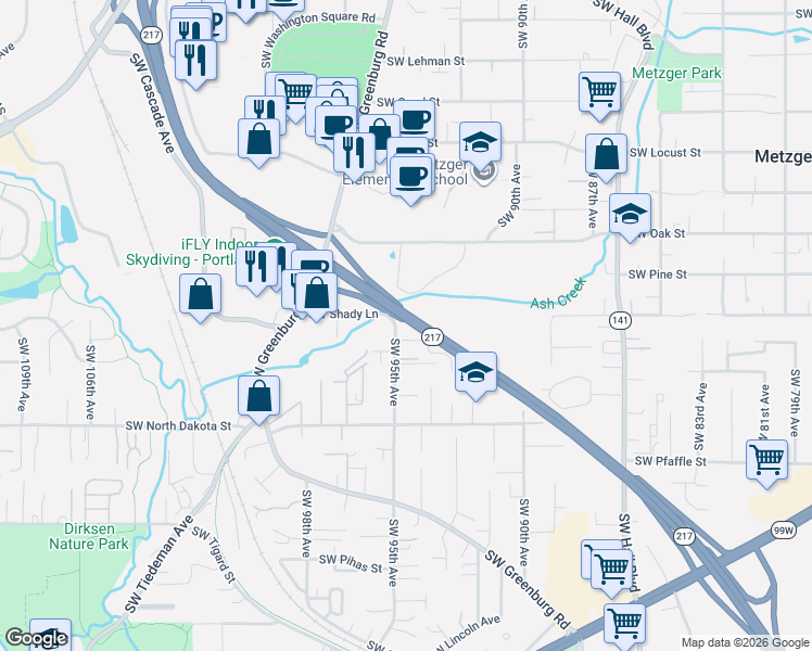 map of restaurants, bars, coffee shops, grocery stores, and more near 10840 Southwest 95th Avenue in Tigard