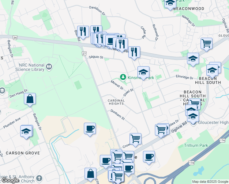 map of restaurants, bars, coffee shops, grocery stores, and more near in Ottawa