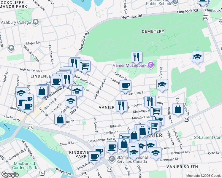 map of restaurants, bars, coffee shops, grocery stores, and more near in Ottawa