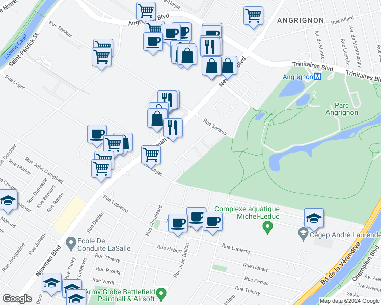 map of restaurants, bars, coffee shops, grocery stores, and more near 7202 Rue Chouinard in Montréal