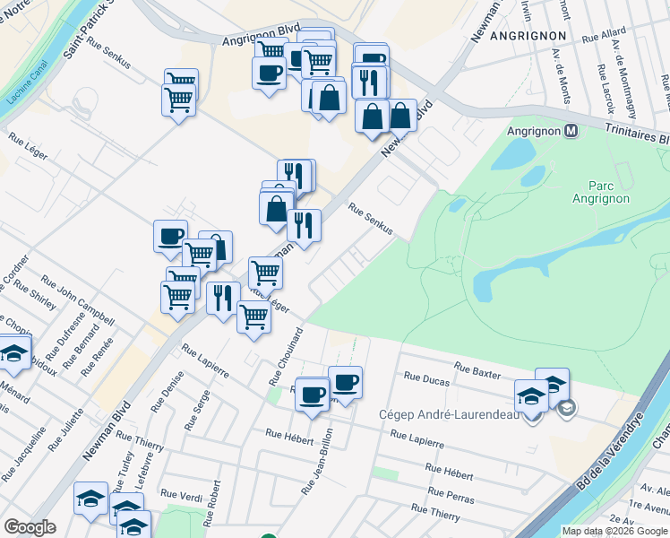 map of restaurants, bars, coffee shops, grocery stores, and more near 7202 Rue Chouinard in Montréal