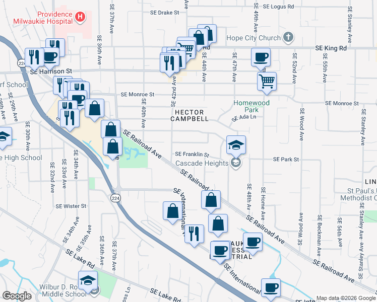 map of restaurants, bars, coffee shops, grocery stores, and more near 4305 Southeast Franklin Street in Milwaukie