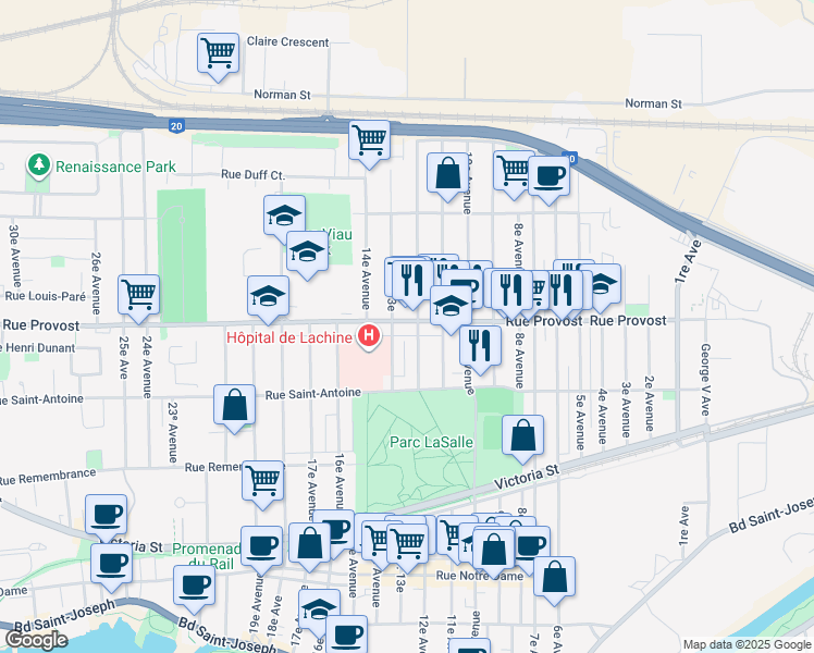 map of restaurants, bars, coffee shops, grocery stores, and more near 1215 Rue Provost in Montréal