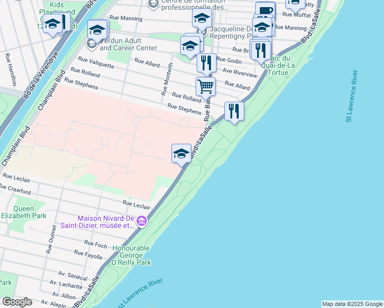 map of restaurants, bars, coffee shops, grocery stores, and more near Boulevard LaSalle in Montréal