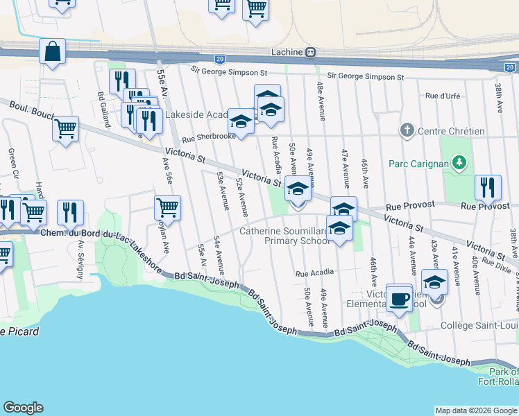 map of restaurants, bars, coffee shops, grocery stores, and more near 365 51e Avenue in Montréal