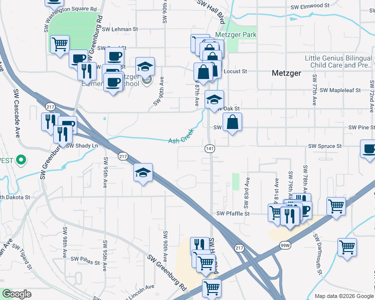 map of restaurants, bars, coffee shops, grocery stores, and more near 8826 Southwest Spruce Street in Tigard