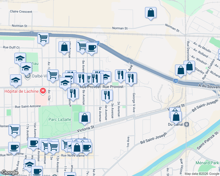 map of restaurants, bars, coffee shops, grocery stores, and more near 335 Rue Provost in Montréal