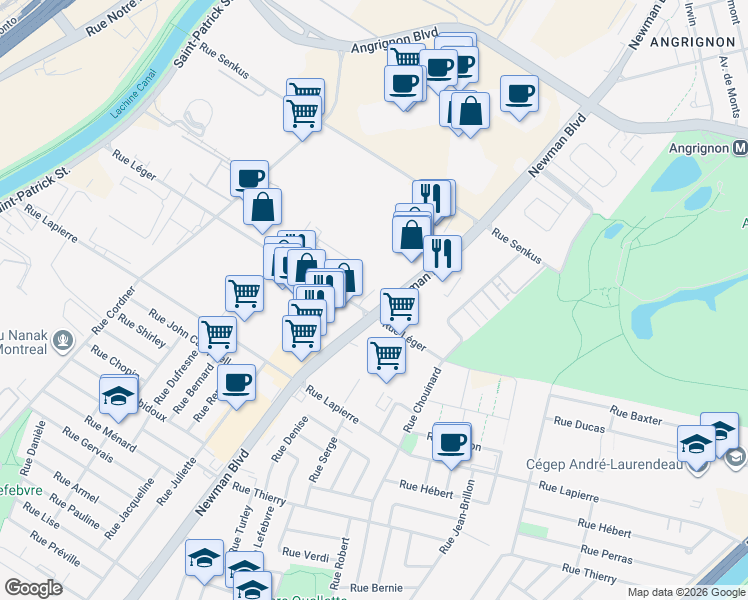 map of restaurants, bars, coffee shops, grocery stores, and more near 7227 Newman Boulevard in Montreal
