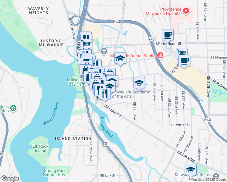 map of restaurants, bars, coffee shops, grocery stores, and more near 11300 Southeast 23rd Avenue in Milwaukie