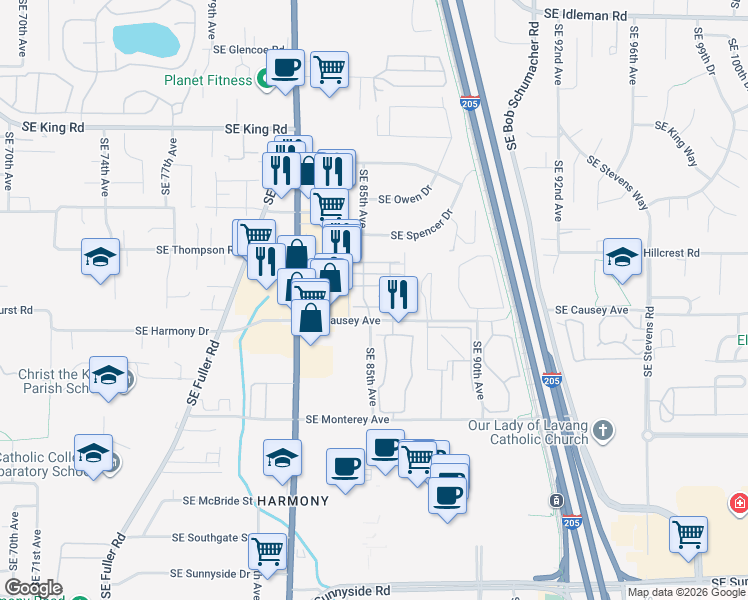 map of restaurants, bars, coffee shops, grocery stores, and more near 11228 Southeast Causey Circle in Happy Valley