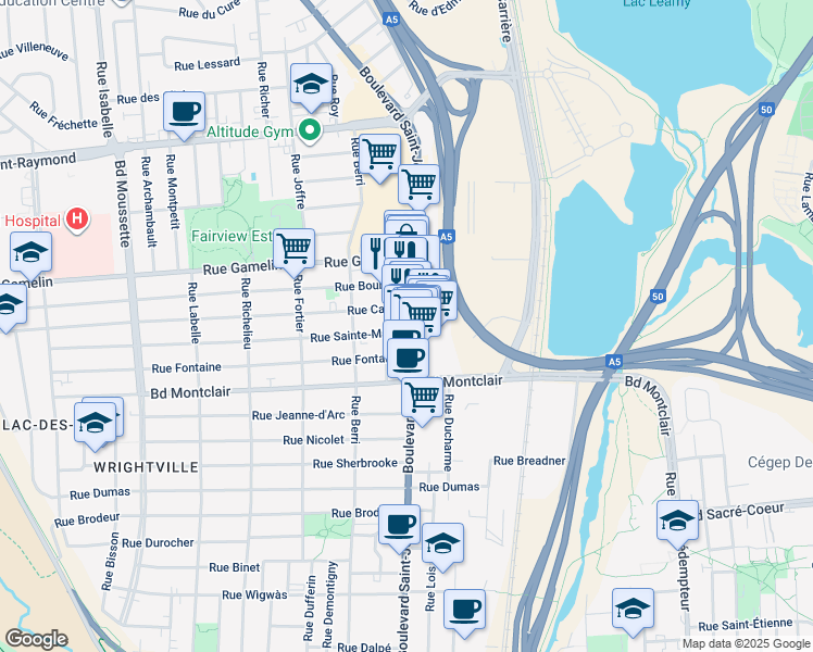 map of restaurants, bars, coffee shops, grocery stores, and more near 341 Boulevard Saint-Joseph in Gatineau